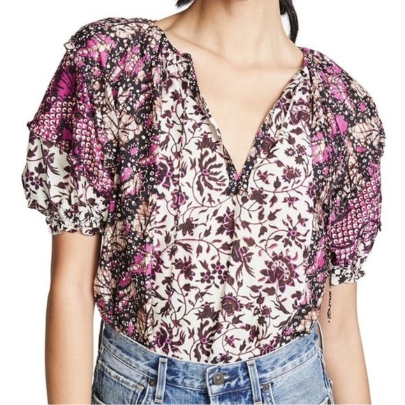 Ulla Johnson Tops - Ulla Johnson Silk-Blend Ruffle-Sleeve Arusi Floral Top
